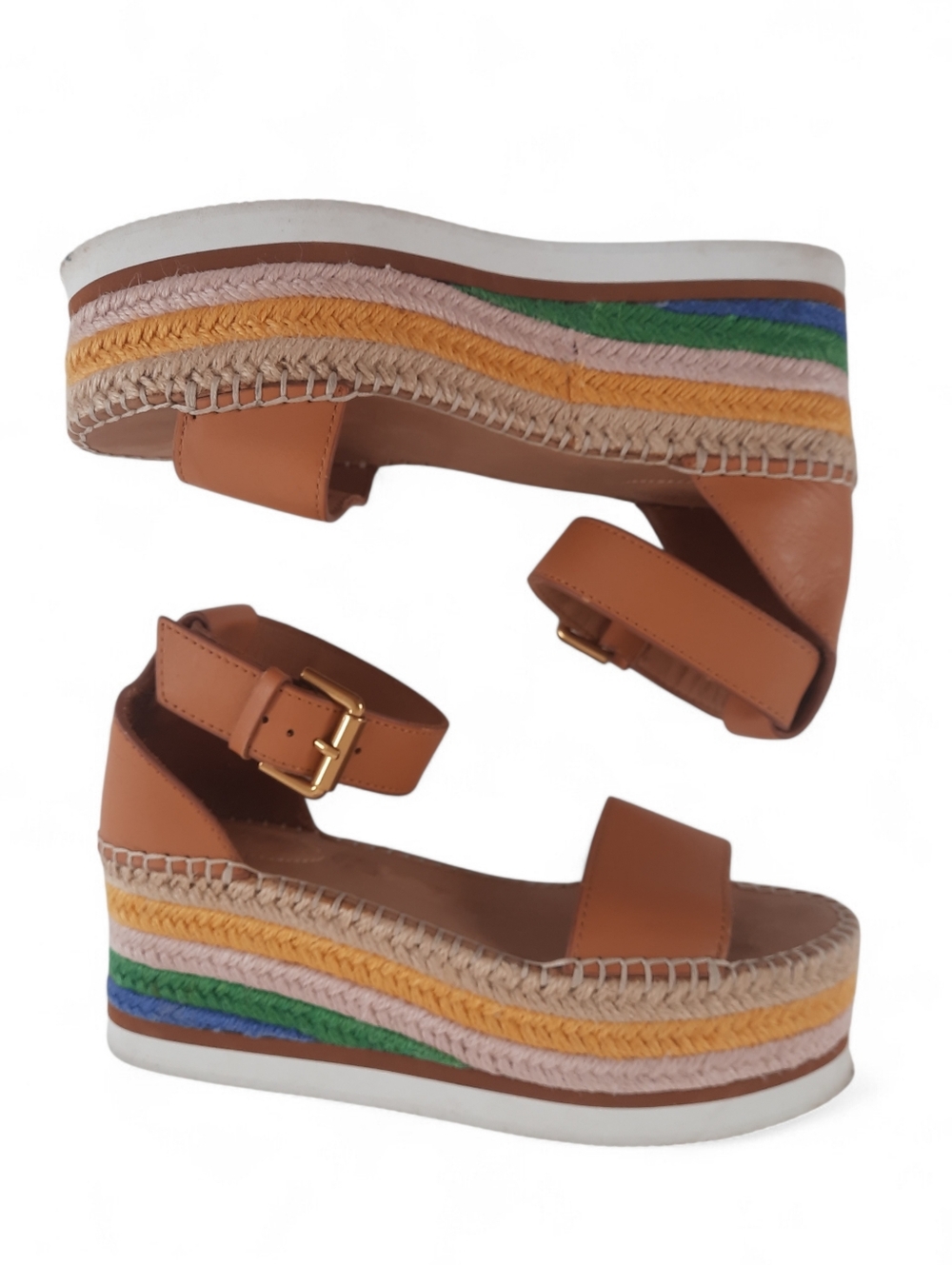SEE BY CHLOE Rainbow Sandal Leather Jute Platform Espadrille Wedge Logo Tan 37 7 - Picture 5 of 8